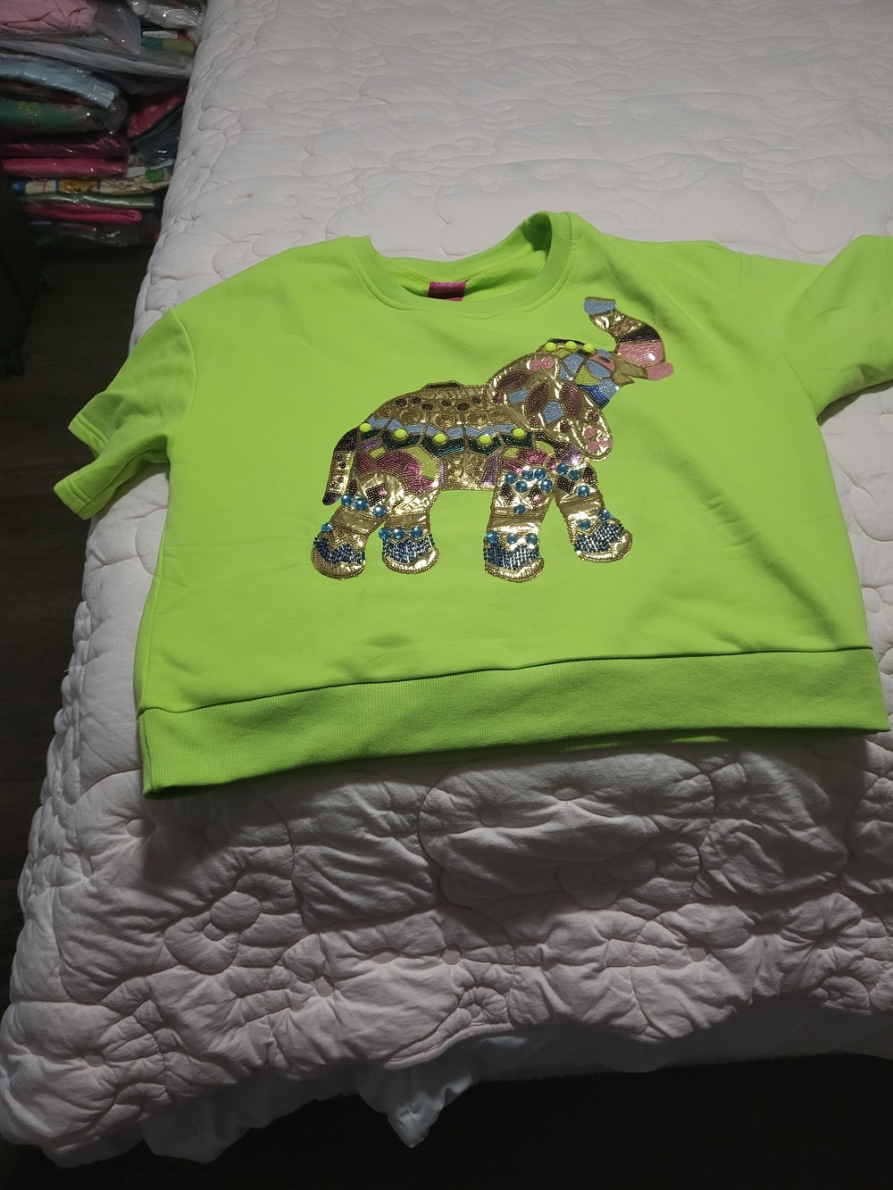 Queen Of Sparkles Neon Green Elephant Sequin Custom Top